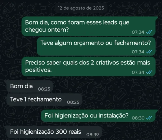 Print de conversa no WhatsApp — Climatização · Higienização: Leads de um dia geraram um fechamento de higienização de R$ 300.