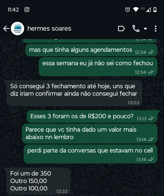 Print de conversa no WhatsApp — Renova Sofá · Higienização de sofás: Cliente relatou 3 serviços fechados na semana (R$ 350, R$ 150 e R$ 100).