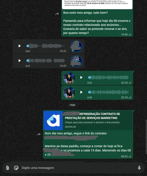 Print de conversa no WhatsApp — Refrigeração: Ao fim do contrato de 3 meses, o cliente seguiu com a renovação dos anúncios.