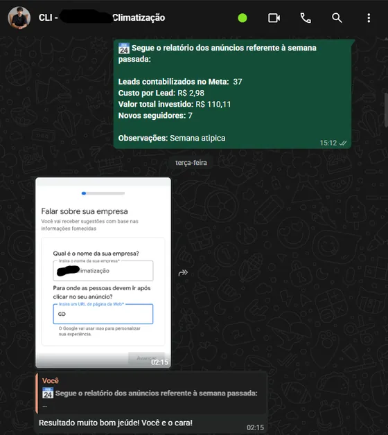Print de conversa no WhatsApp — Climatização: 37 leads no Meta em uma semana, a R$ 2,98 por lead — e o cliente comemorou o resultado.