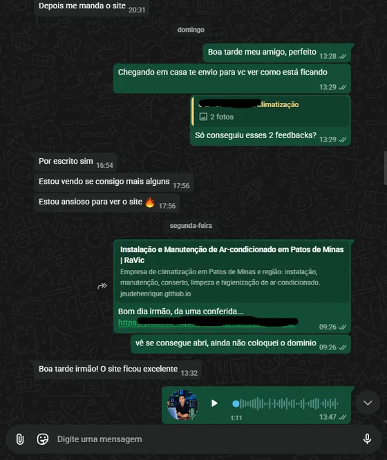 Print de conversa no WhatsApp — Climatização · Site: Cliente aprovou o novo site: “O site ficou excelente”.