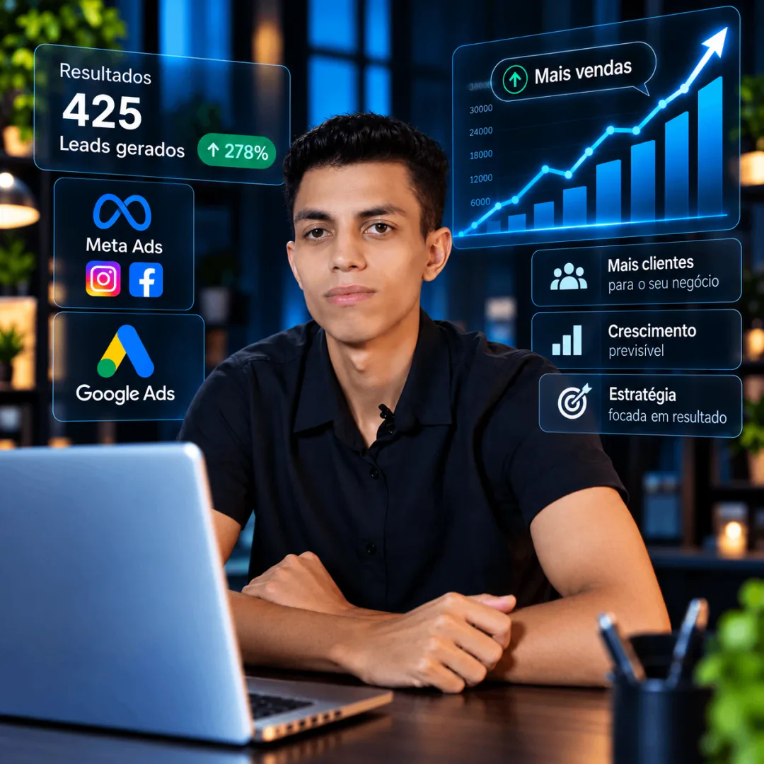 Jeúde Henrique, gestor de tráfego pago e fundador da JH Company, diante de um notebook com painéis de resultados de Google Ads e Meta Ads